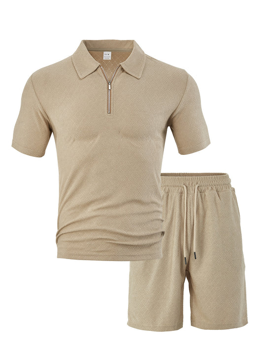 Herren nan komfortables Kurzarm-Halbzip-Set mit Polokragen und elastischer Kordelhose aus Strukturstrick R&B