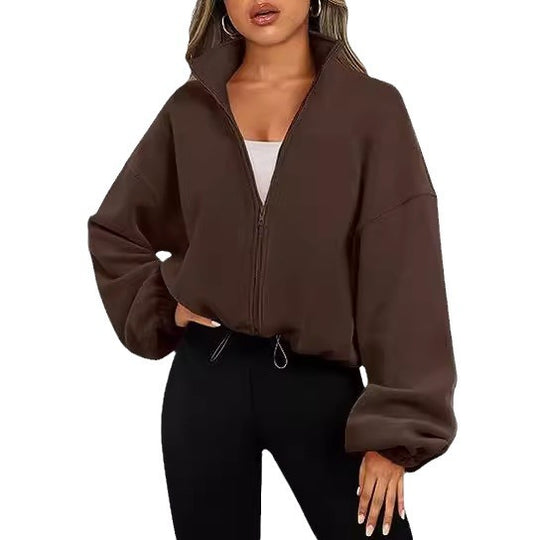 Damen Zip-Hoodie mit hohem Kragen und kontrastierenden Ärmeln R&B