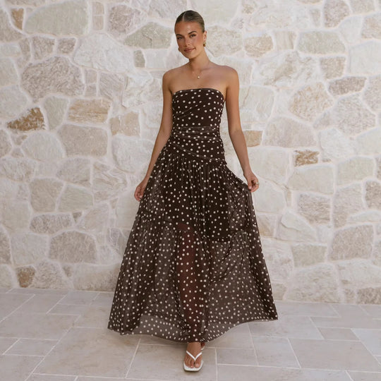 Damen Maxikleid mit schulterfreiem Schnitt und verspieltem Punktenmuster R&B