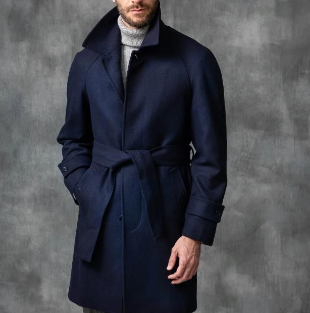 Herren eleganter Mantel mit Gürtel und klassischem Revers R&B