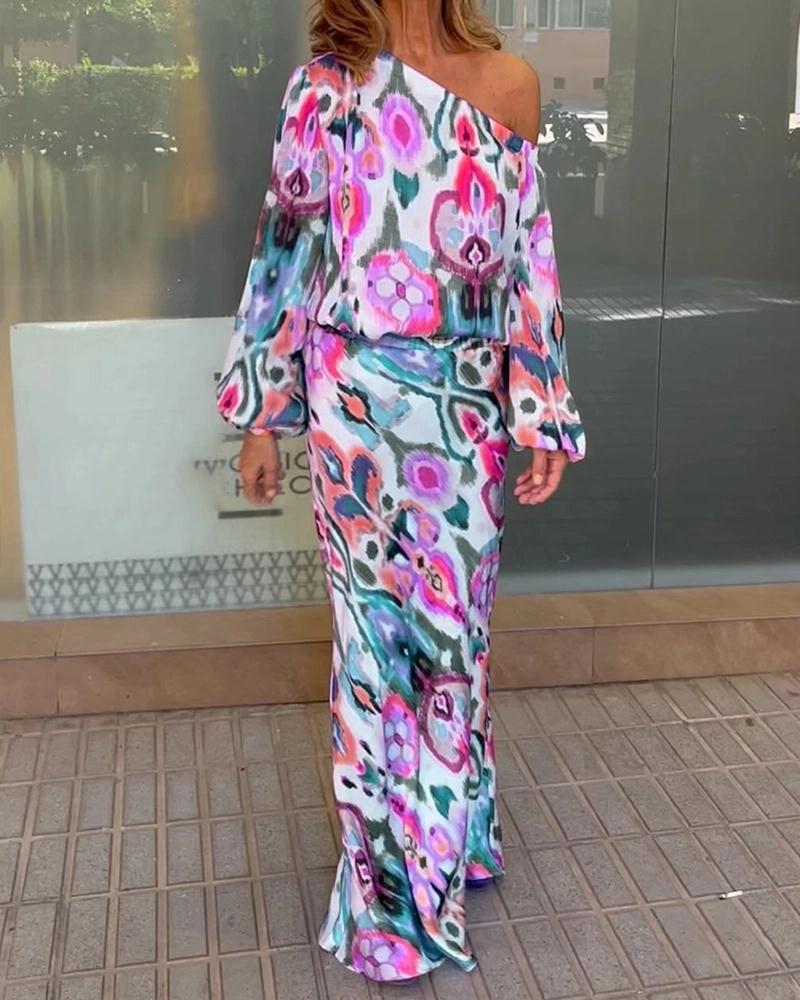 Damen Elegantes Maxikleid im grafischen Batikdesign mit Off-Shoulder-Ausschnitt und voluminösen Ärmeln R&B