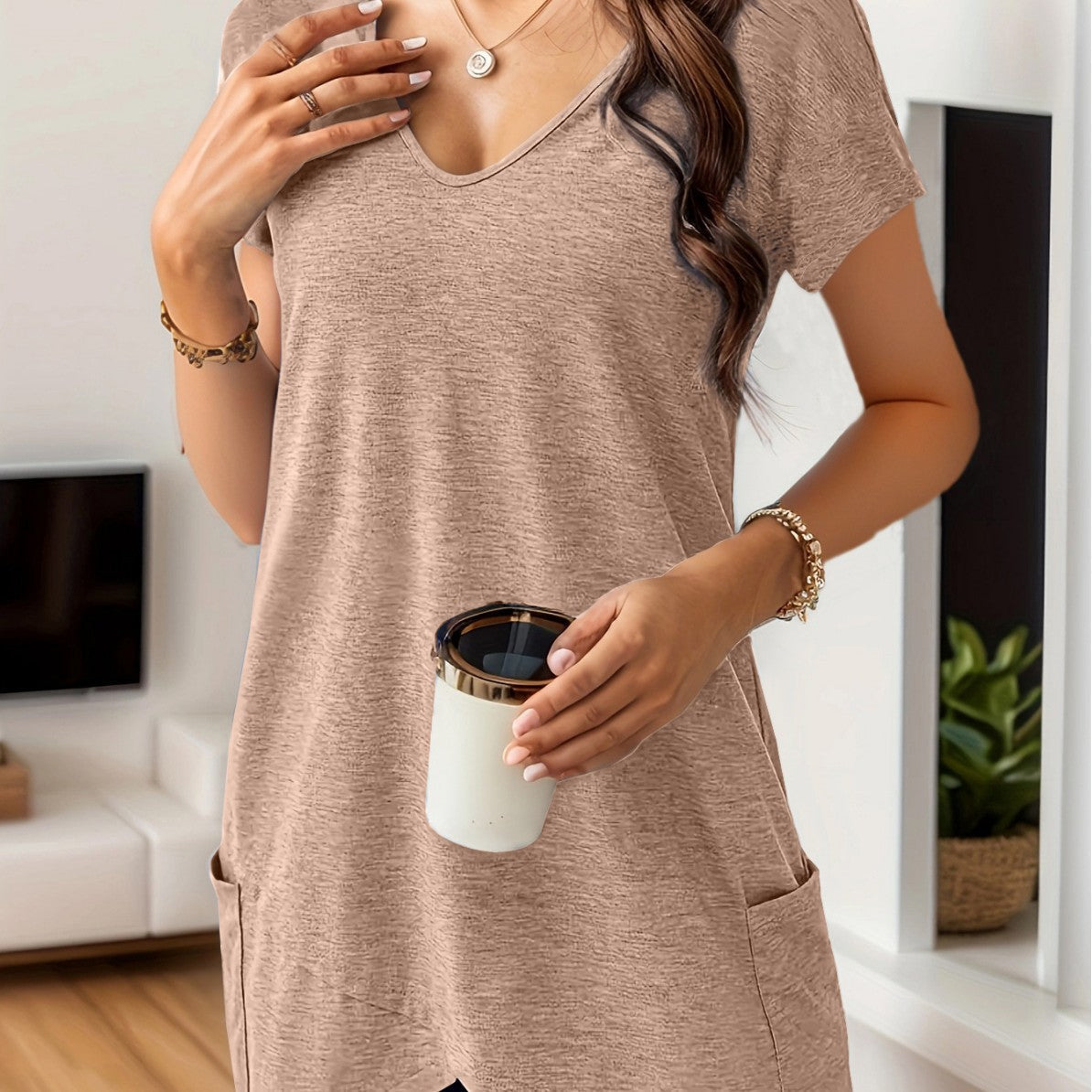 Damen Bequemes V-Ausschnitt T-Shirt mit praktischen Taschen R&B