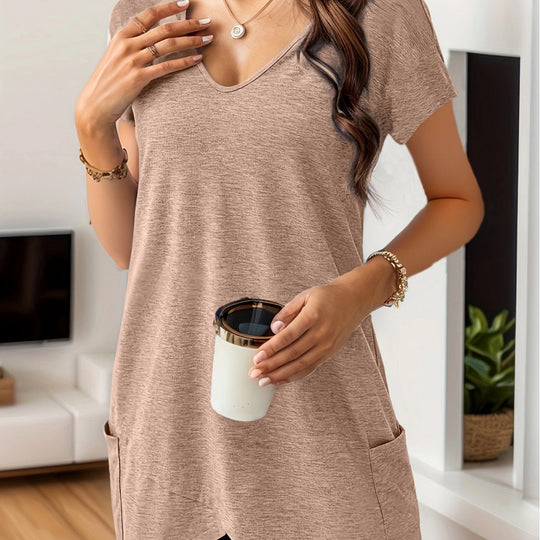Damen Bequemes V-Ausschnitt T-Shirt mit praktischen Taschen R&B