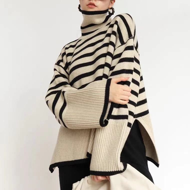 Damen Lässiger Strickpullover mit Blockstreifen und hohem Kragen R&B