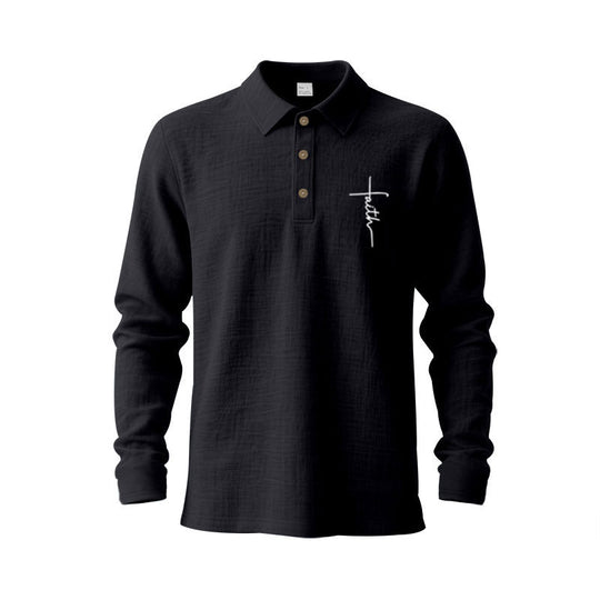 Herren Langarm-Polohemd mit strukturiertem Gewebe und modischer Knopfleiste R&B