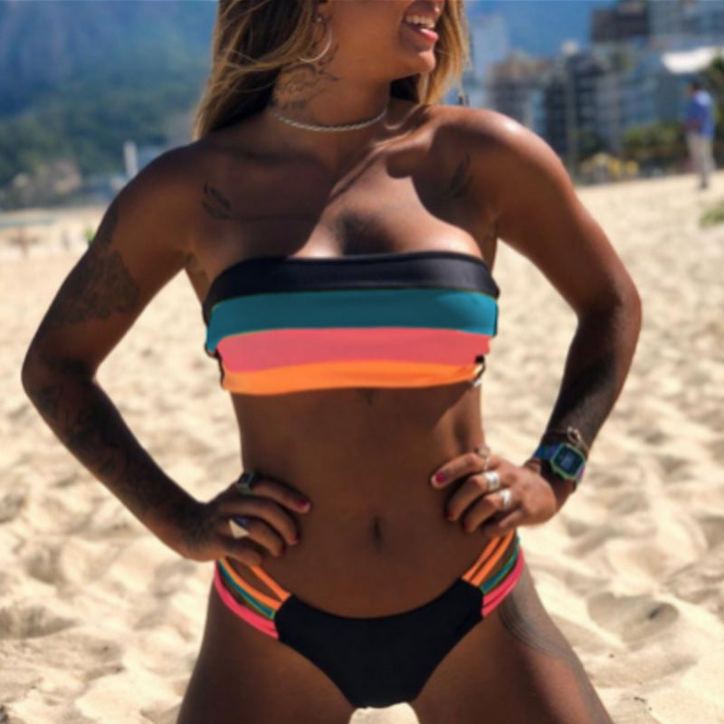 Damen Bandeau-Bikini mit modischen Querstreifen und elegantem Schnitt R&B