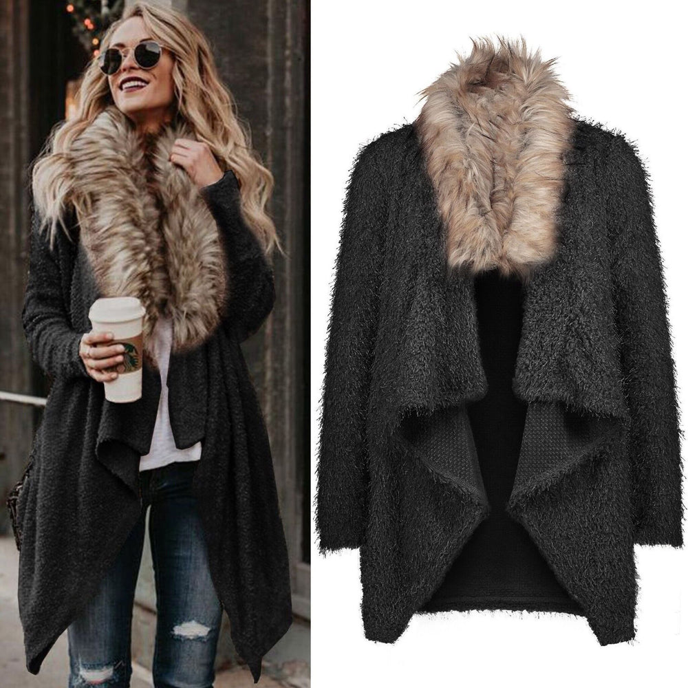 Damen Flauschiger Cardigan mit abnehmbarem Kunstfellkragen R&B