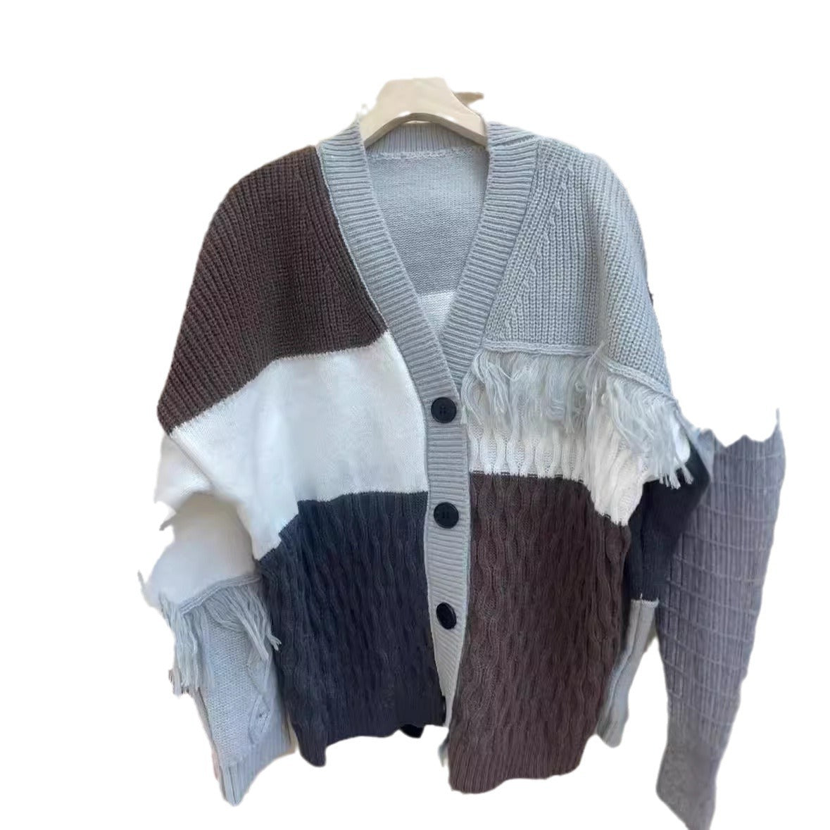 Damen grob gestrickter Cardigan mit modischem Farbblockdesign und Knopfleiste R&B