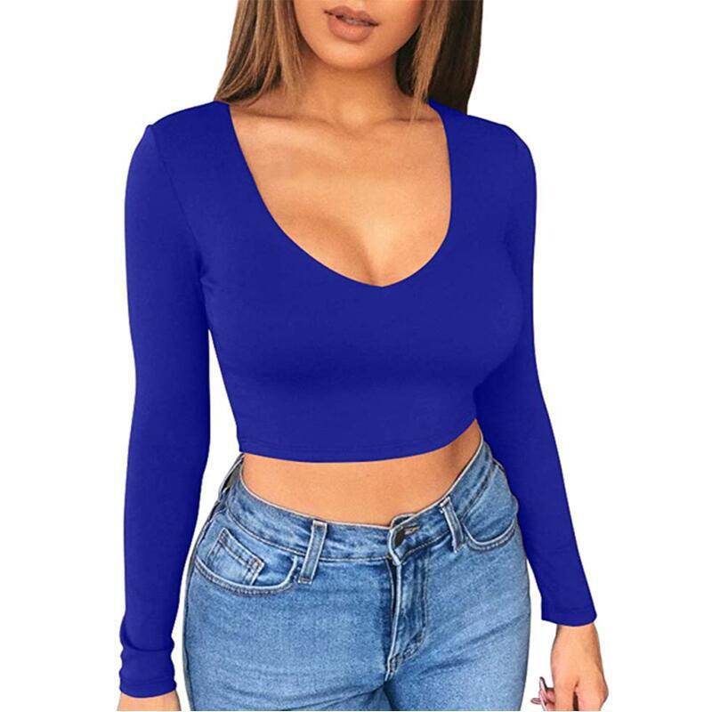 Damen modisches Crop-Top mit tiefem V-Ausschnitt und langen Ärmeln R&B