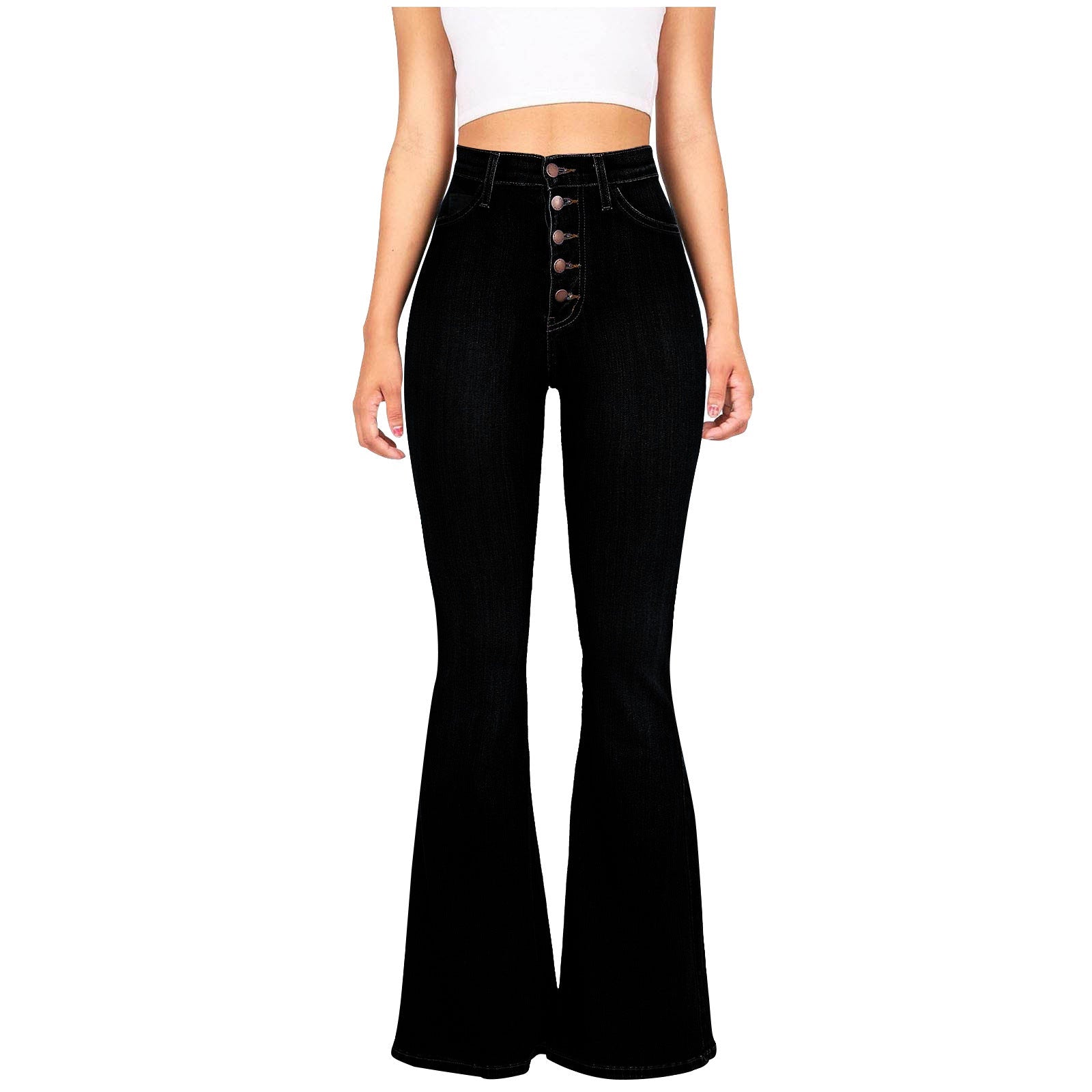 Damen Flared Jeans mit hohem Bund und dekorativer Knopfleiste R&B