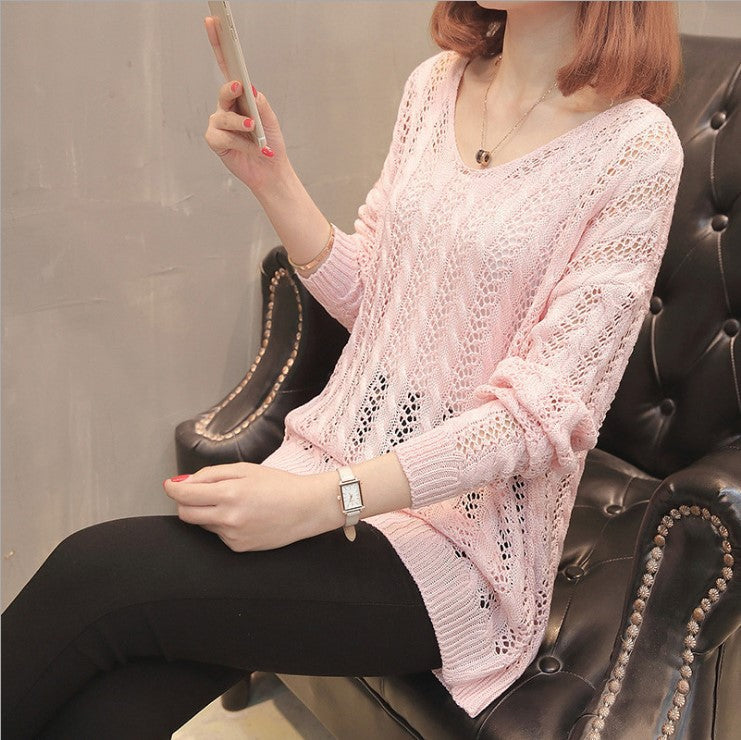Damen Strickpullover mit elegantem V-Ausschnitt und lässigem Lochmuster R&B