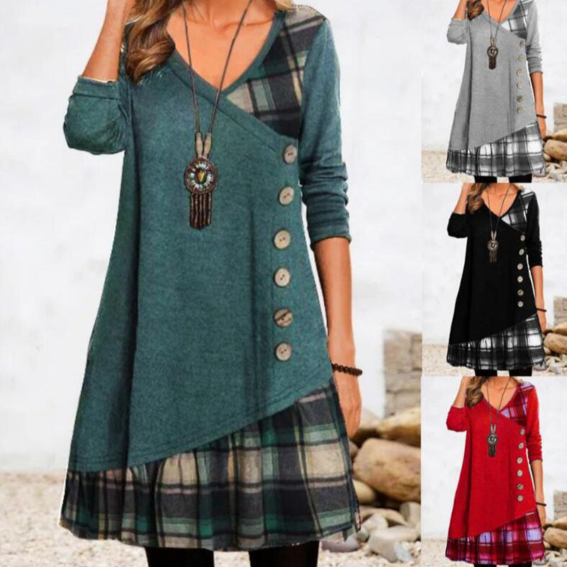 Damen nan asymmetrisches V-Ausschnitt-Tunika-Kleid mit Zierknopfleiste und Animalprint-Besatz R&B