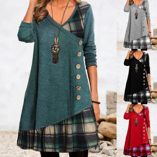 Damen nan asymmetrisches V-Ausschnitt-Tunika-Kleid mit Zierknopfleiste und Animalprint-Besatz R&B