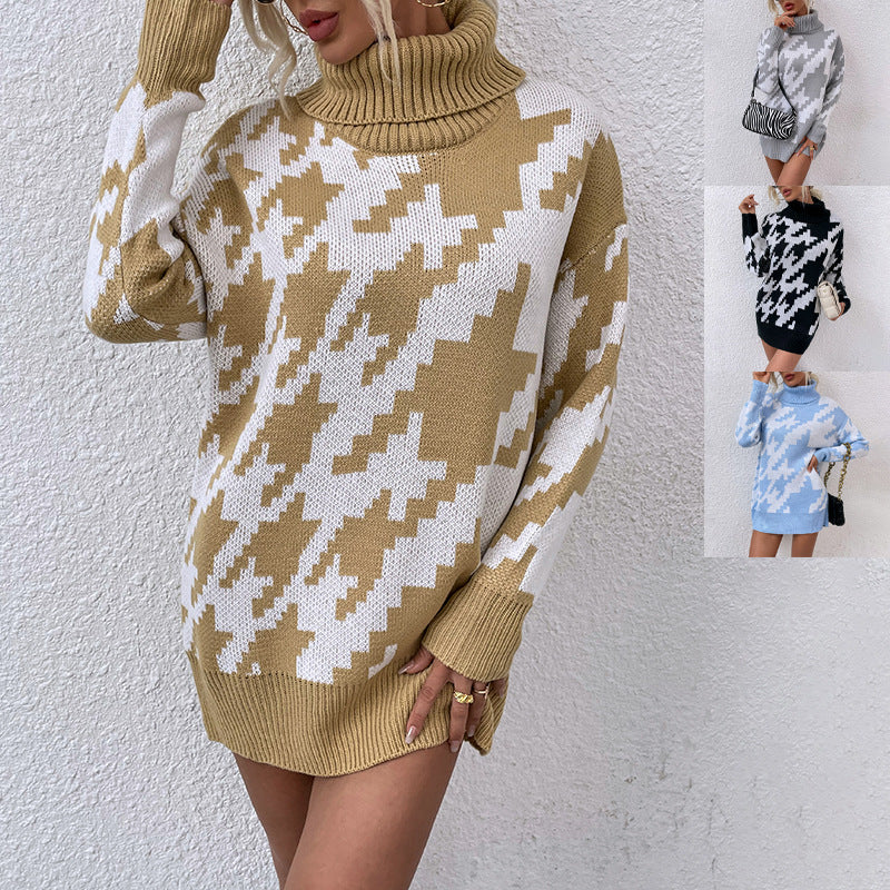 Damen Oversized Pullover mit Hohem Kragen und Modernem Muster