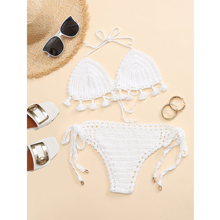 Damen Häkel-Bikini-Set mit fransigen Akzenten und verstellbaren Trägern R&B