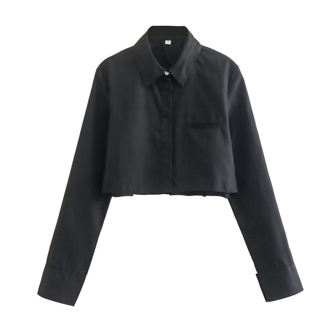Damen cropped Bluse mit klassischem Kragen und praktischen Brusttaschen R&B