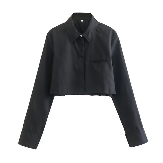 Damen cropped Bluse mit klassischem Kragen und praktischen Brusttaschen R&B