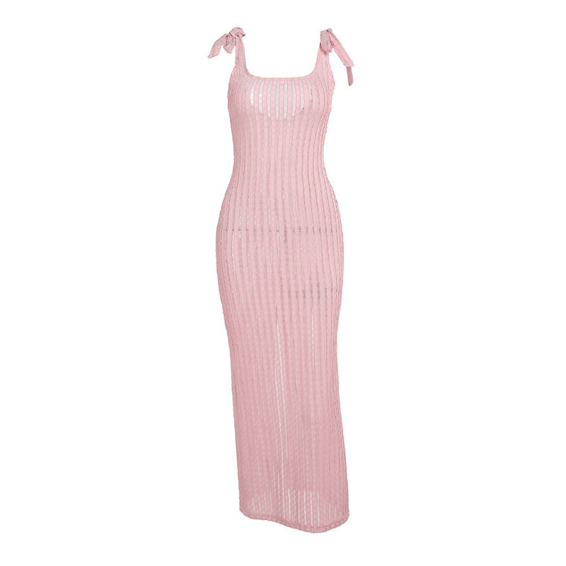 Damen Maxikleid mit feinen Streifen und dekorativen Trägern R&B