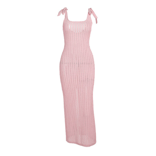 Damen Maxikleid mit feinen Streifen und dekorativen Trägern R&B