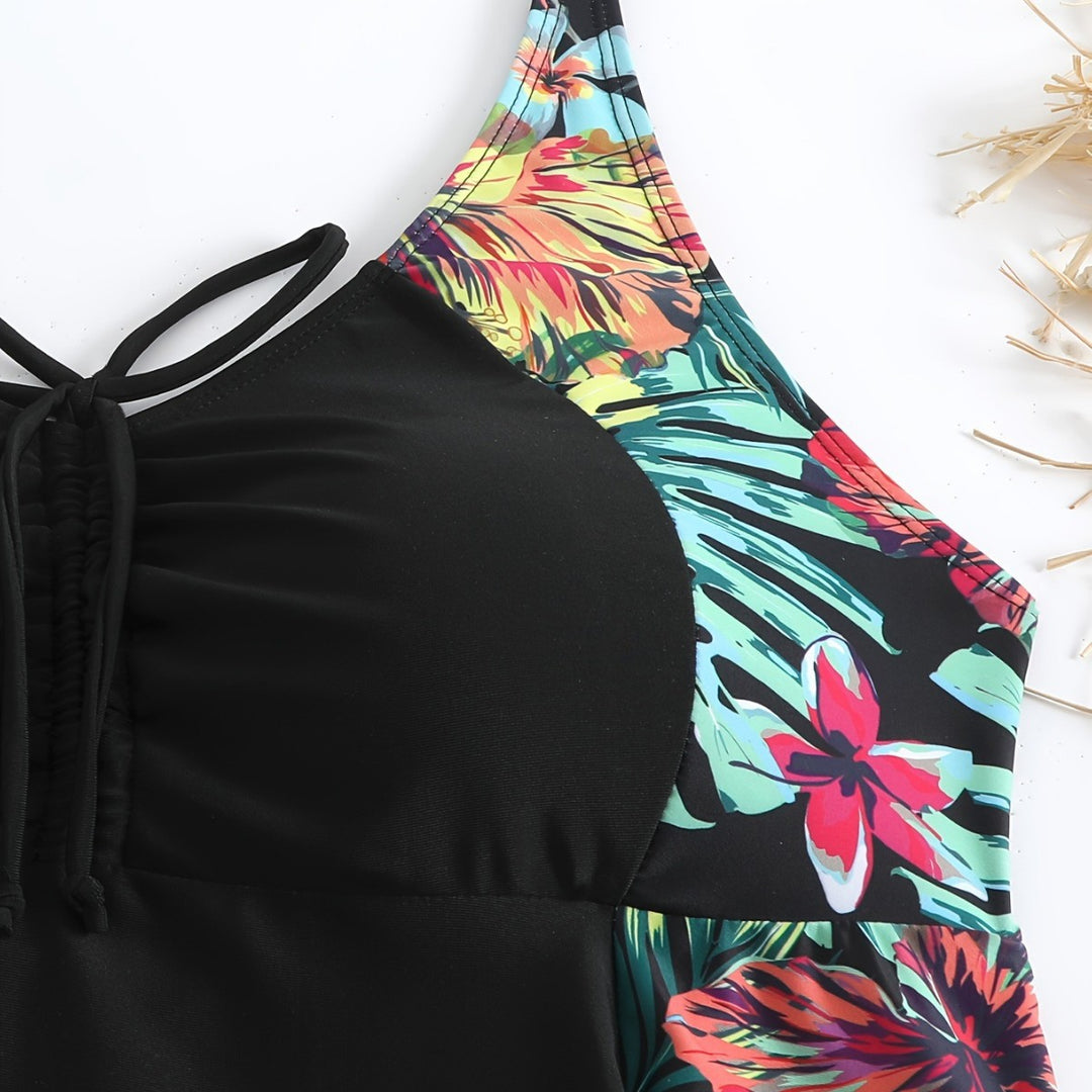 Damen Sportliches Badeanzug-Set mit floralem Seiteneinsatz R&B