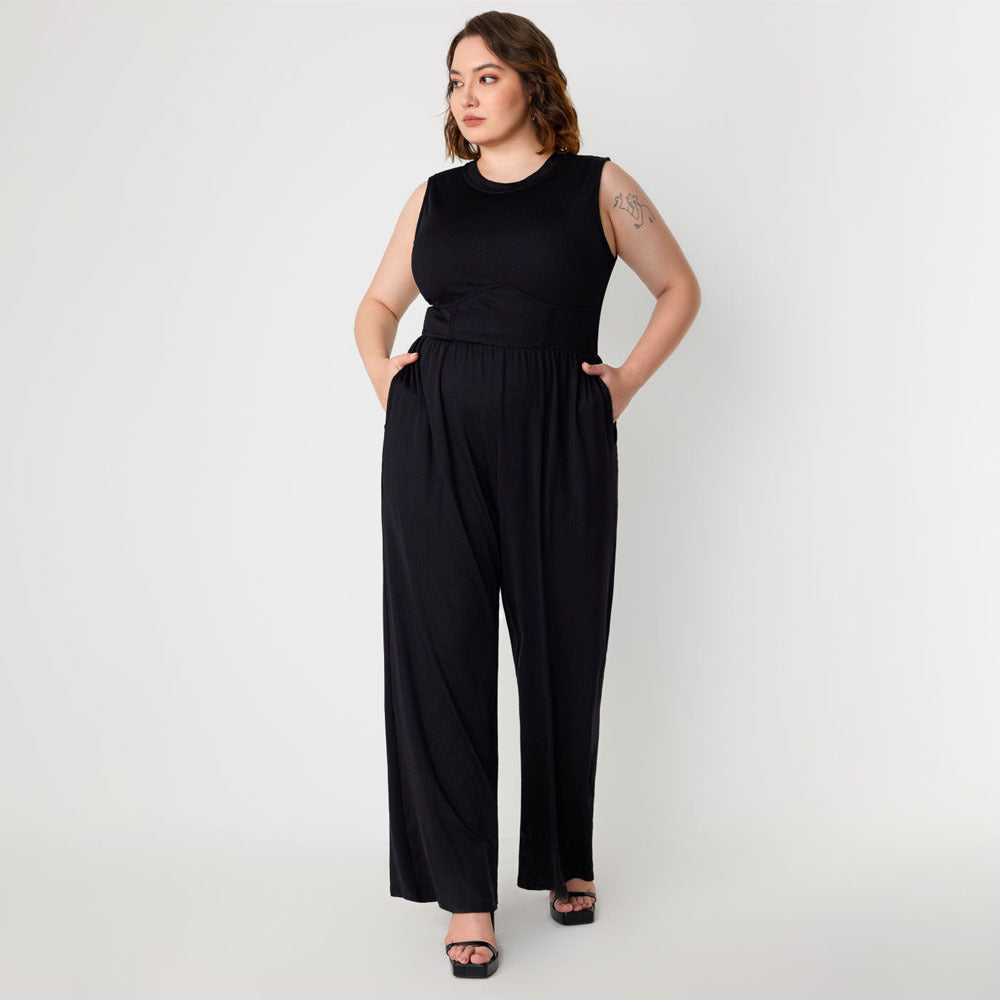 Damen Jumpsuit mit elegantem schulterfreiem Design und praktischen Seitentaschen R&B