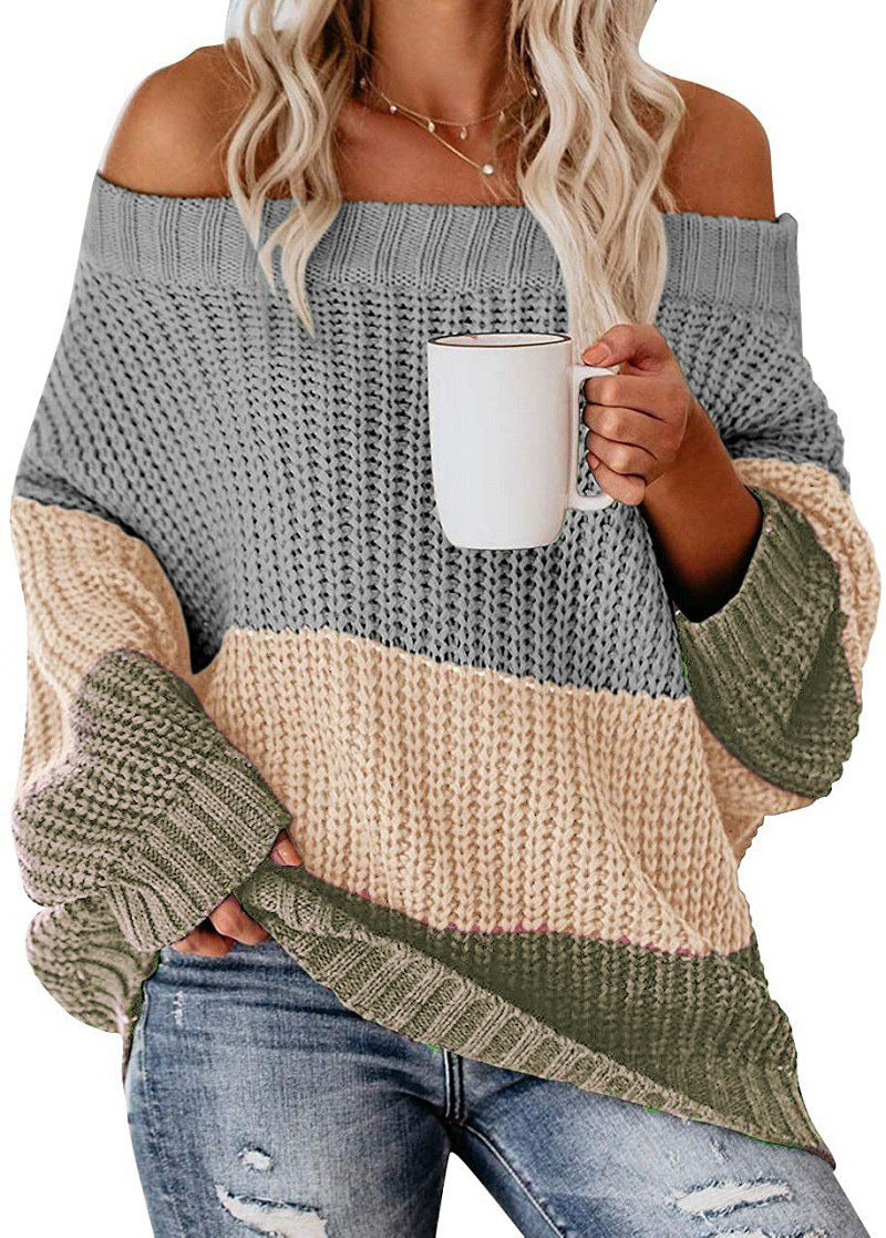 Damen lässiger Grobstrickpullover mit Off-Shoulder Design und dekorativer Farbkombination R&B