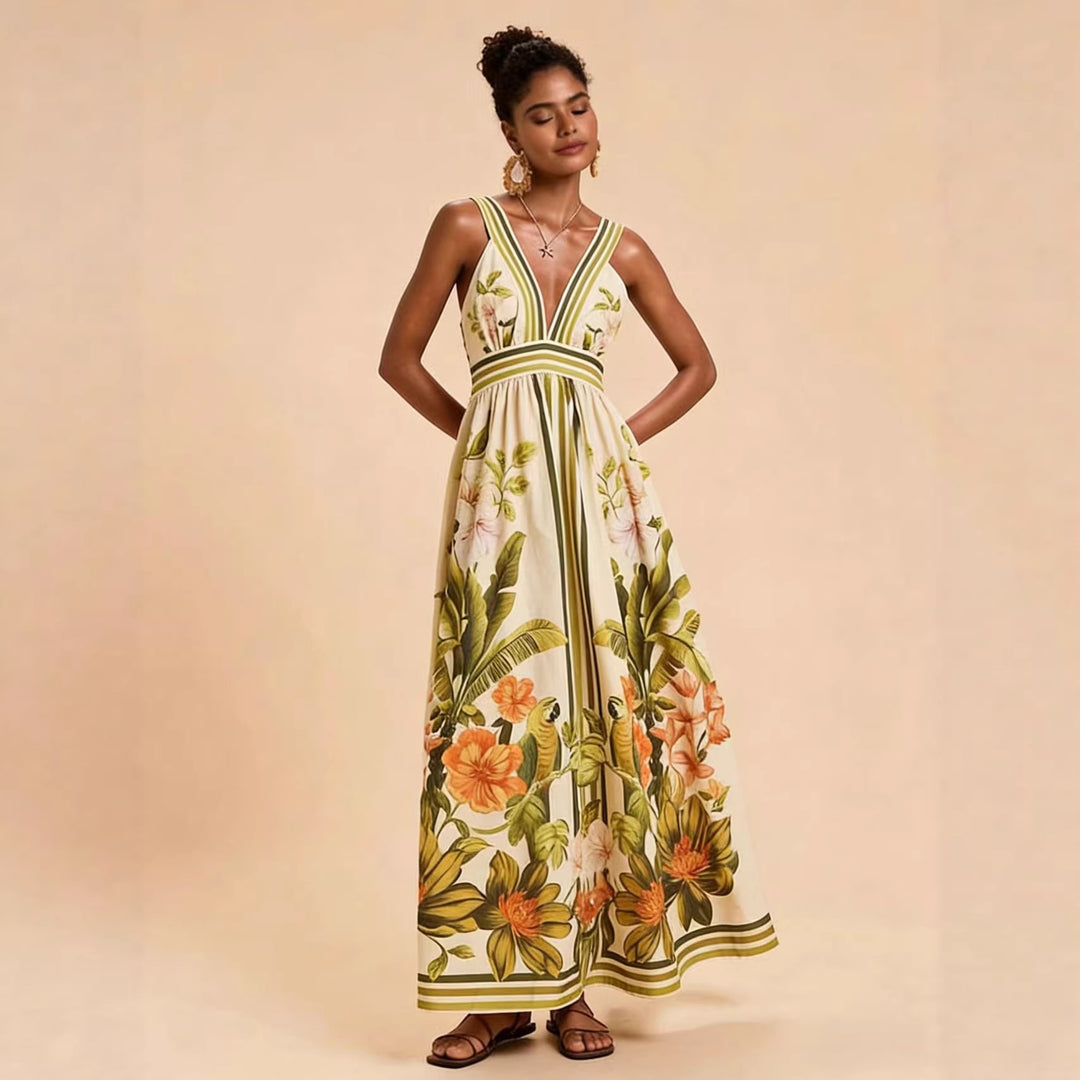 Damen Maxikleid mit tiefem V-Ausschnitt und floralem Design R&B