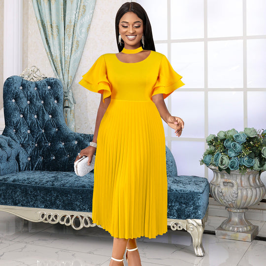 Damen Plissee Maxikleid mit Choker und voluminösen Ärmeln R&B