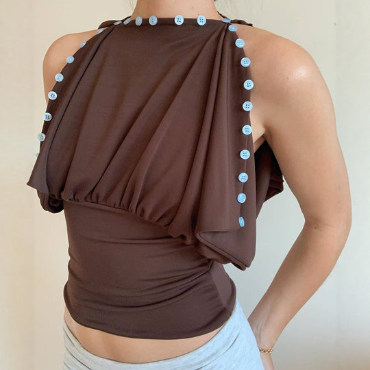 Damen Off-Shoulder Oberteil mit eleganter Knopfverzierung R&B