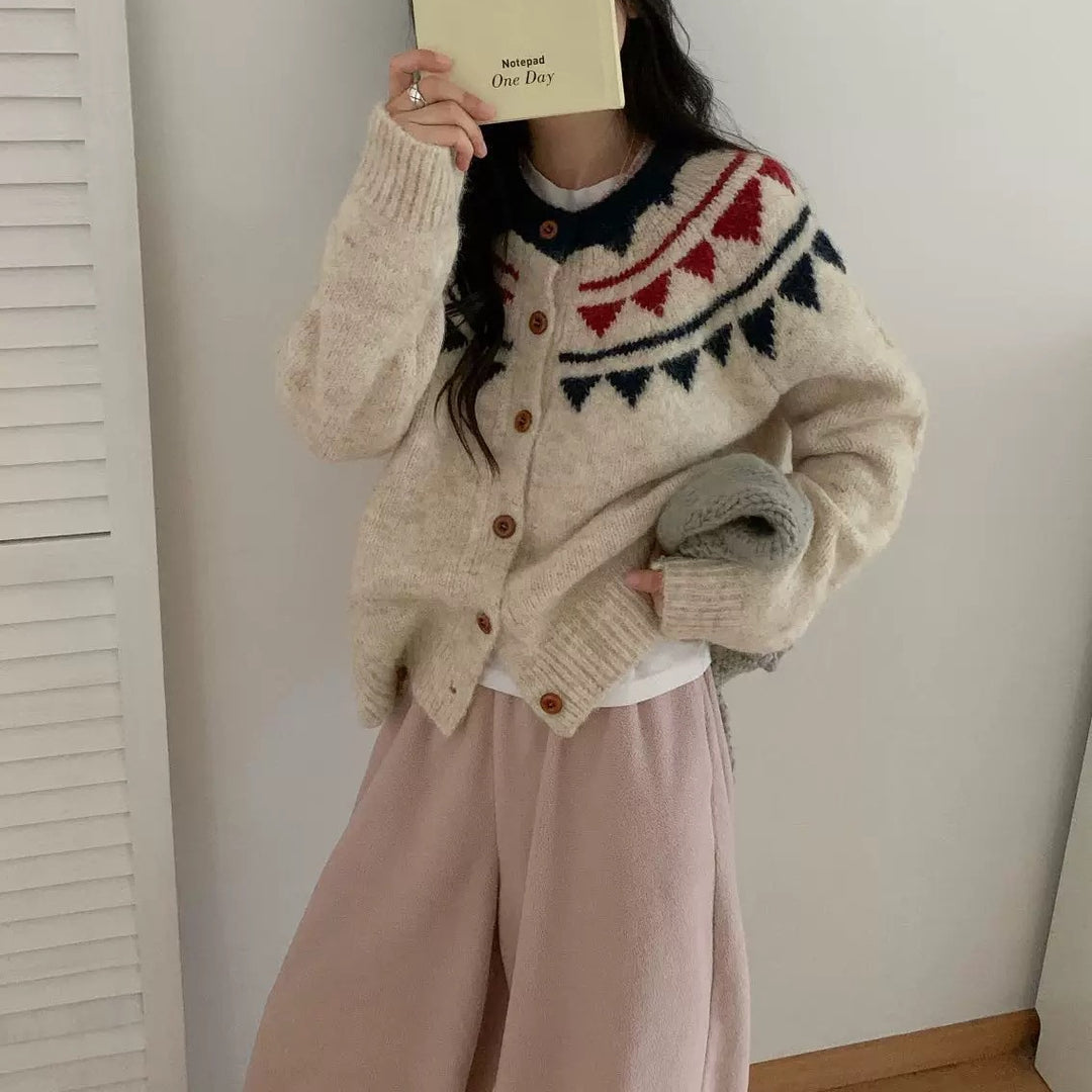 Damen Grobstrickcardigan mit aufwendigem Farbmuster und komfortablem Knopfverschluss R&B