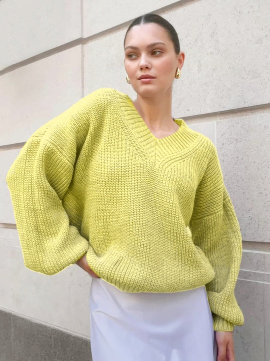 Damen lässiger Pullover mit V-Ausschnitt und voluminösen Ärmeln R&B
