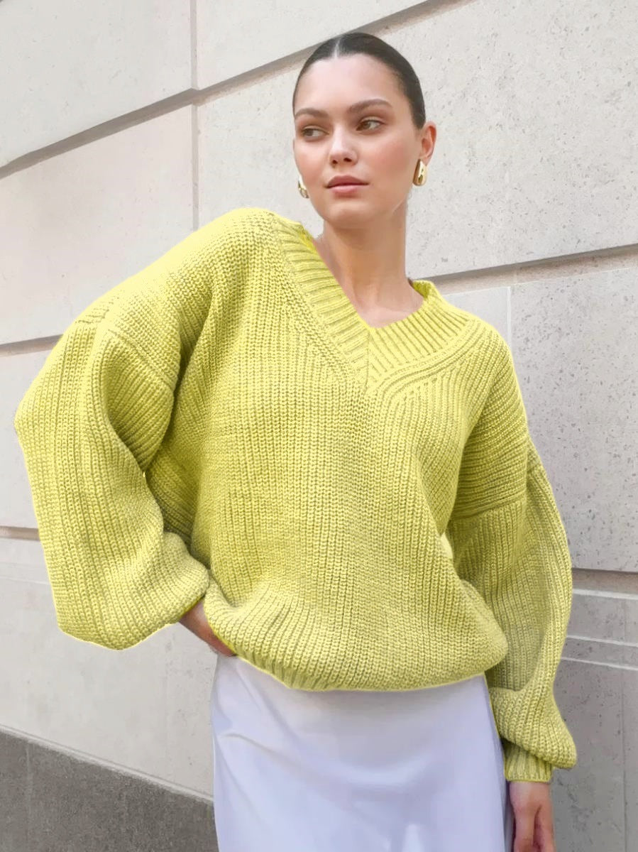 Damen V-Ausschnitt Strickpullover mit voluminösen Ärmeln und strukturierter Oberfläche R&B
