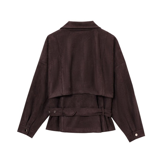 Damen elegante Wildlederjacke mit funktionalen Reißverschlüssen und Taillengürtel R&B