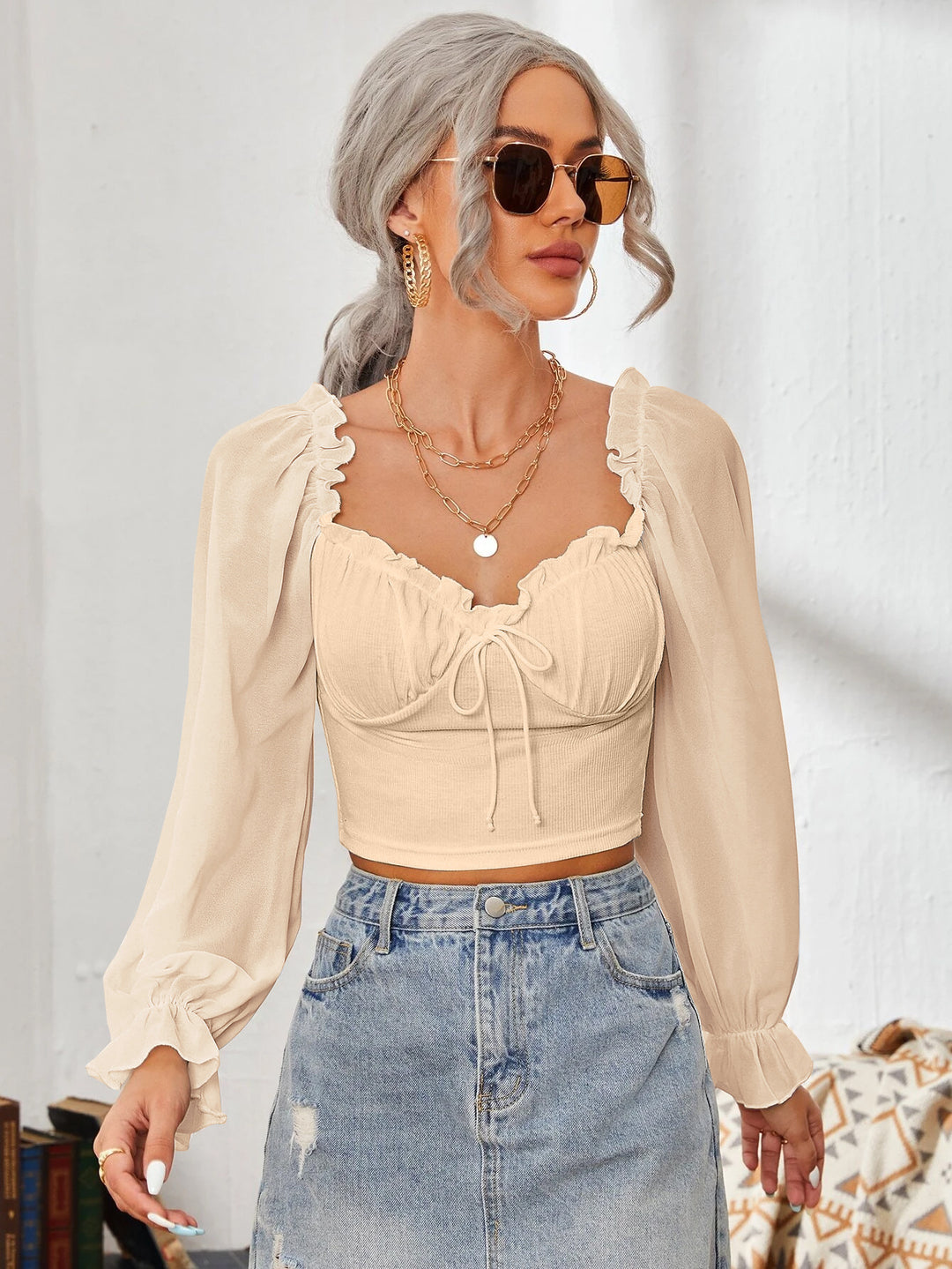 Damen Cropped-Bluse mit Rüschen und eleganten Puffärmeln R&B