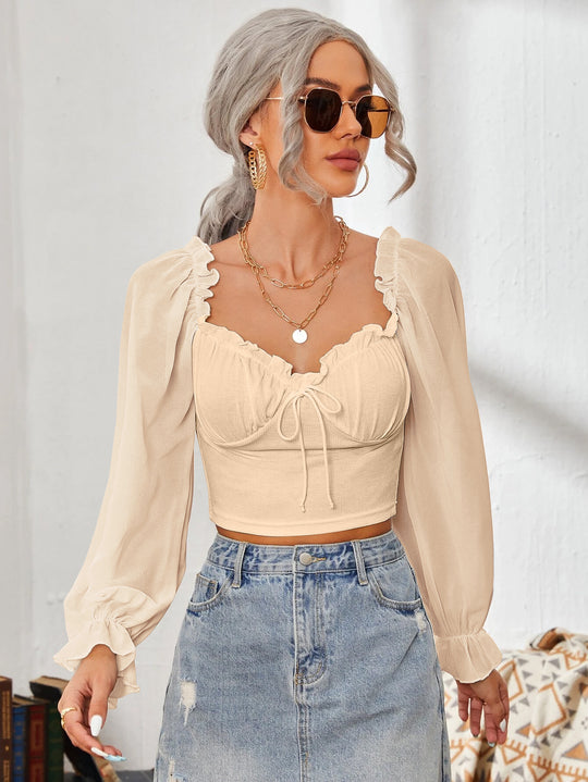 Damen Cropped-Bluse mit Rüschen und eleganten Puffärmeln R&B