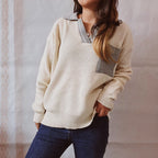 Damen lässiger V-Ausschnitt Pullover mit strukturiertem Rippdesign und kontrastierendem Kragen R&B