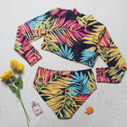Damen Surf-Bikini-Set mit langärmligem Oberteil und buntem Palmendruck R&B