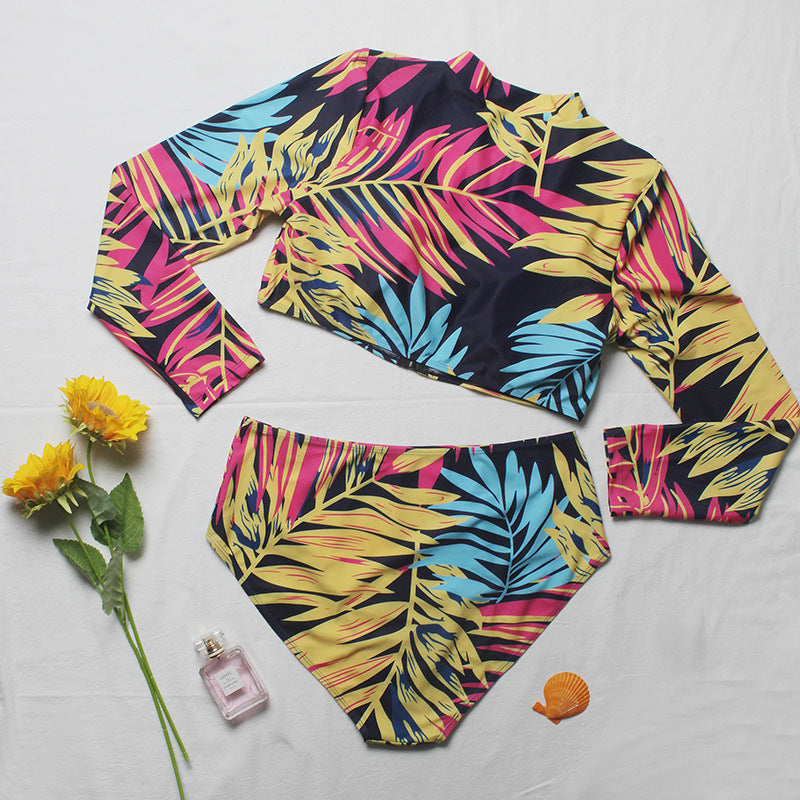 Damen Surf-Bikini-Set mit langärmligem Oberteil und buntem Palmendruck R&B