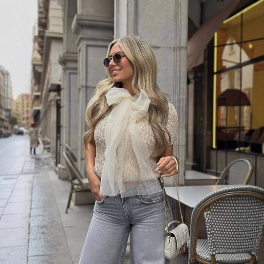 Damen Strickjacke mit dekorativem Schleifenkragen und eleganter Struktur R&B