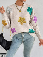 Damen Strickpullover mit glitzernden Blütenapplikationen R&B