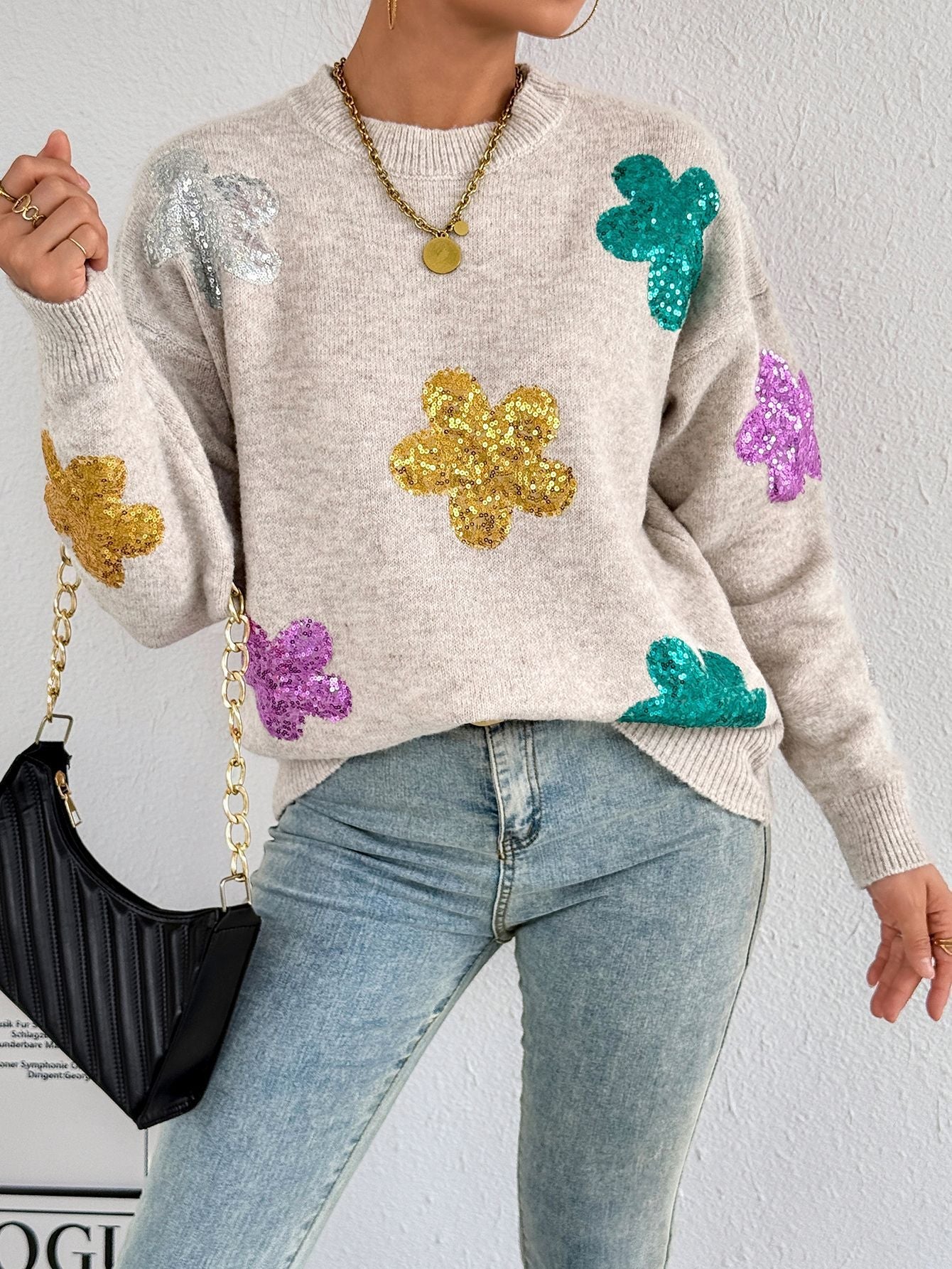 Damen Strickpullover mit glitzernden Blütenapplikationen R&B