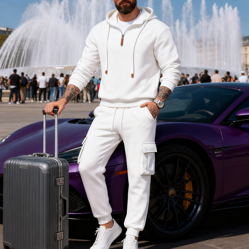 Herren nan lässiger Fleece-Jogginganzug mit halbem Reißverschluss und Cargo-Taschen R&B