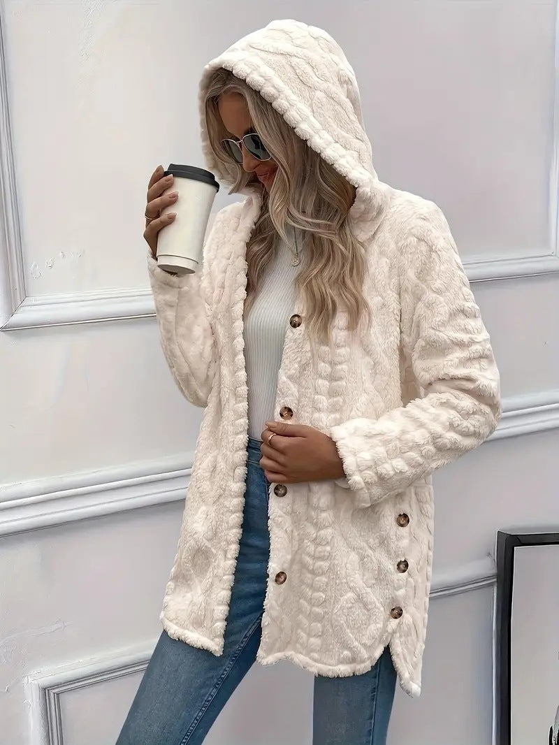 Damen Plüschjacke mit Kapuze und Knopfverschluss R&B