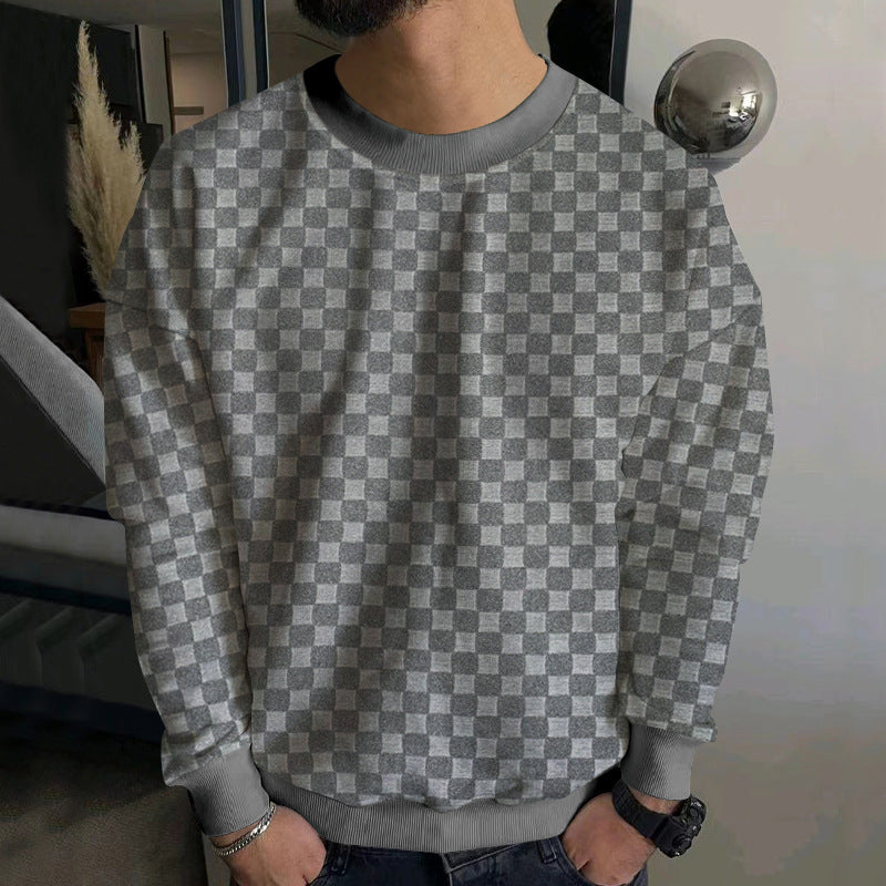 Herren nan geprägter Schachbrett-Sweatpullover mit Oversize-Passform, Rundhalsausschnitt und Rippbündchen R&B