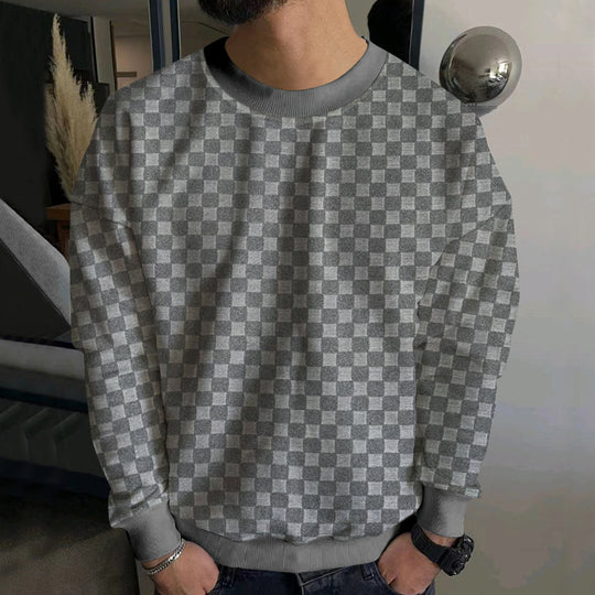 Herren nan geprägter Schachbrett-Sweatpullover mit Oversize-Passform, Rundhalsausschnitt und Rippbündchen R&B
