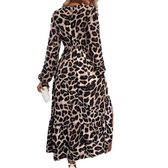 Damen Elegantes Langarm-Maxikleid mit modernem Tierprint und asymmetrischem Saum R&B
