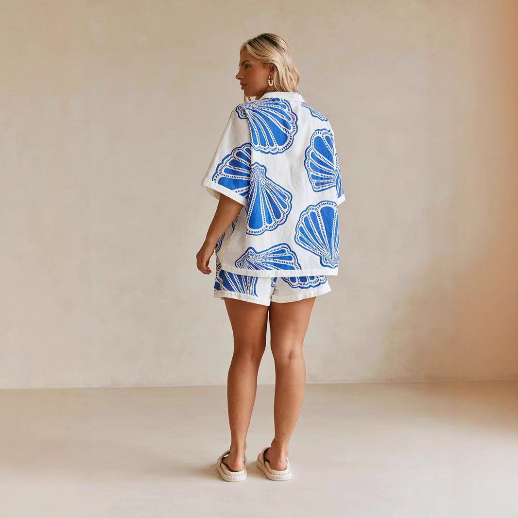 Damen Sommerliches Kurzarm-Set mit maritimem Muschel-Design und lockerer Passform R&B