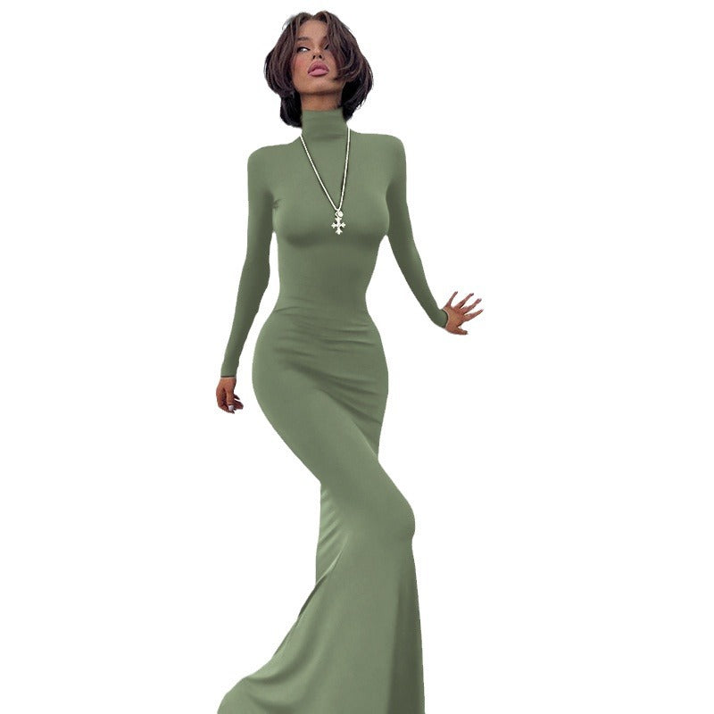 Damen figurbetontes Langarmkleid mit hohem Kragen und elegantem Schnitt R&B