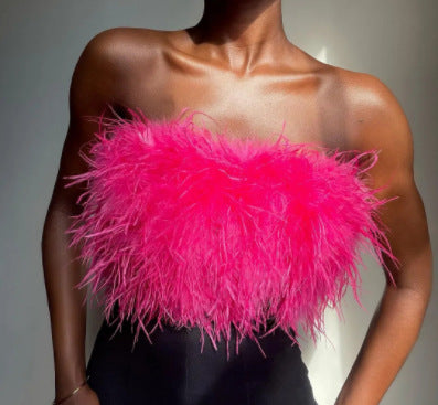 Damen Glamouröses Plüsch-Top mit abnehmbaren Trägern und fransigen Details R&B