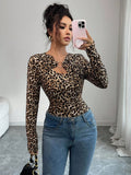 Damen nan figurbetonter Langarm-Body mit Leopardenprint und Zier-Ring R&B